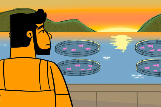 A depiction of Isaiah Robinson, Deputy Chief Councillor of the Kitasoo Xai’xais Nation, in a still from the animated film How Much Do You Really Know About Salmon?, which challenges the federal ban on open-net salmon farming.